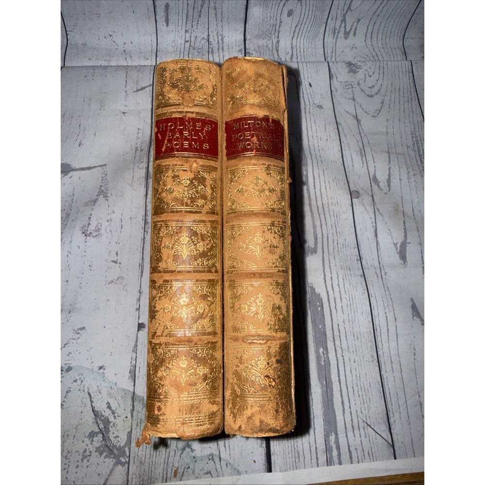Antique 1892 Thomas Crowell Leather Poetry Books 2-Vol Set MILTON & HOLMES Gilt